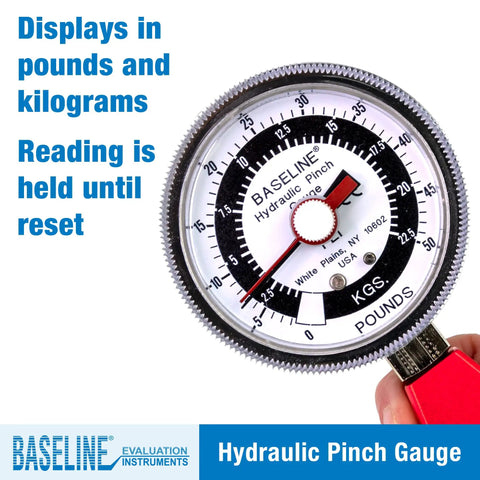 Baseline Hydraulic Pinch Gauge 50lb Capacity Hand Therapy Equipment Finger Strength Tester with dial showing pounds and kilograms.