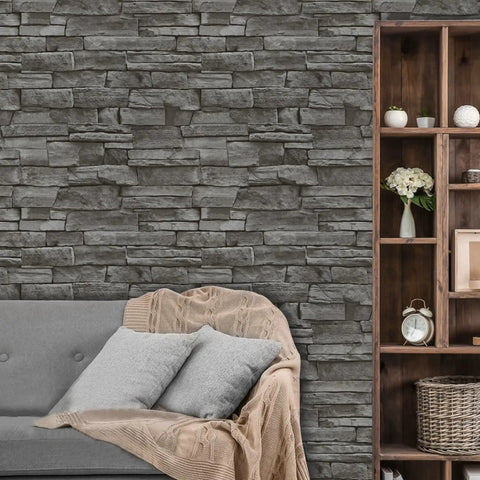 Living room with couch and stone-look wall, showcasing Teal Green Mosaic Adhesive Wallpaper Thick Self Adhesive Peel And Stick