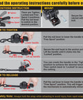 Instructions for Retractable Tie Down Straps For Any Trailer 1In By 6Ft Bolt On Transom Mount showing tightening and release steps.