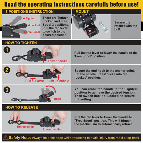 Instructions for Retractable Tie Down Straps For Any Trailer 1In By 6Ft Bolt On Transom Mount showing tightening and release steps.