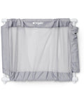 Extra Wide Mesh Baby Gate For Doorways And Hallways Expands From 27.5 To 50 Inches 28 Inches Tall Pressure Mounted For Toddlers And Pets Includes Rubber Bumpers Gray, front view of assembled gray mesh baby gate with folded sides.