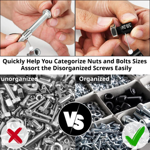 Nut and bolt thread checker with 24in and 21 metric gauges; close-up bolt size finder.