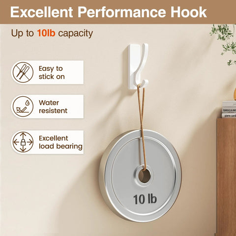 Heavy Duty Adhesive Wall Hooks 13Lb Aluminum No Damage To Wall holding 10lb weight showcasing strength and capacity.
