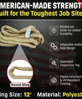 Endless Round Lifting Sling 12 Foot Polyester USA Made With 10600 Lb Vertical 8500 Lb Choker And 21200 Lb Basket Rating Double Ply Cover Tan Rigging Sling For Heavy Lifts
