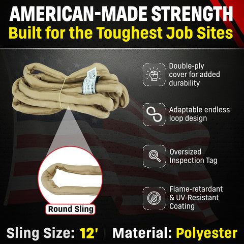 Endless Round Lifting Sling 12 Foot Polyester USA Made With 10600 Lb Vertical 8500 Lb Choker And 21200 Lb Basket Rating Double Ply Cover Tan Rigging Sling For Heavy Lifts