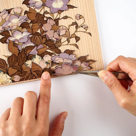 Creating Ukiyoe Art Kit Dragonfly And Bellflower Inspired By Hokusai Made In Japan, cedar wood, detailed flower cutting scene