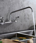 Straight Up Heavy Duty Wall Mount Utility Sink Faucet With Eight Inch Full Range Swivel Spout Dual Handles Solid Lead Free Brass Polished Chrome Finish Top Shelf Durability, installed above a sink.