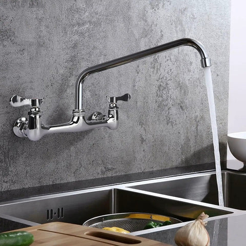 Straight Up Heavy Duty Wall Mount Utility Sink Faucet With Eight Inch Full Range Swivel Spout Dual Handles Solid Lead Free Brass Polished Chrome Finish Top Shelf Durability, installed above a sink.