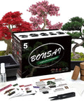 Five Piece Bonsai Tree Kit With Self Watering Pots For Indoor Growth shown with tools and instructions in box