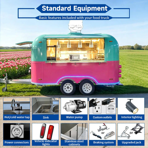Heavy Duty Commercial Pizza Food Truck, Turnkey Mobile Catering Trailer With Built In Walk In Fridge For Side Hustle And Pop Up Stand featuring standard equipment.