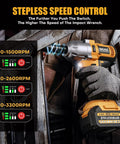 Beast 850Nm Cordless Brushless Impact Wrench Kit, 21V 1/2 Inch, showing stepless speed control with RPM settings