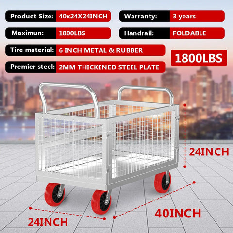 Rugged Beefy Heavy Duty 5in1 Platform Truck With Steel Cage 40x24 Inch Industrial Hand Cart And Rolling Dolly Supporting 1800 Pounds For Everyday Hustle And Moving Jobs