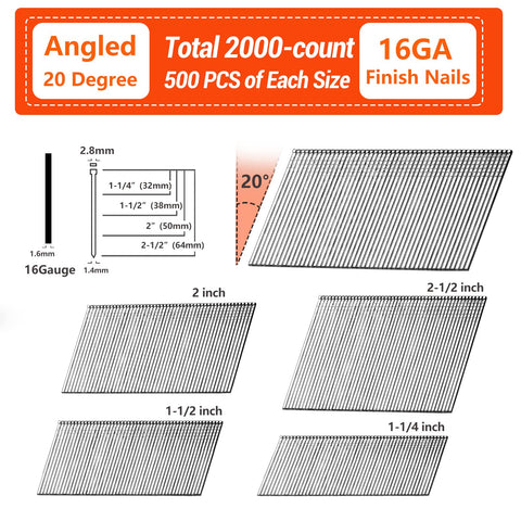 Illustration of Angled Finish Nails 16 Gauge 20 Degree Galvanized 2000 Pack Assorted Sizes for Nailer Rust Resistant