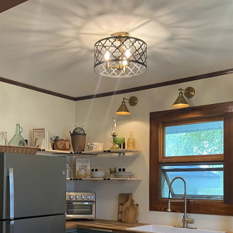 Dope 16 Inch 3 Light Modern Semi Flush Mount Ceiling Light With Metal Drum Shade In Warm Brass And Black Finish in kitchen