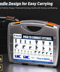 Carrying case of Blue Push To Connect Air Fittings Kit With 1/4 3/8 1/2 1/8 Inch Straight And Elbow Quick Connects
