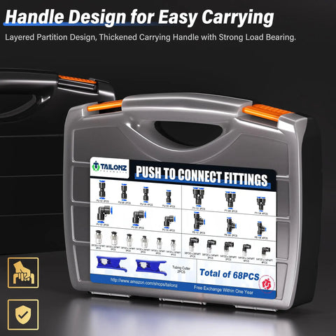 Carrying case of Blue Push To Connect Air Fittings Kit With 1/4 3/8 1/2 1/8 Inch Straight And Elbow Quick Connects