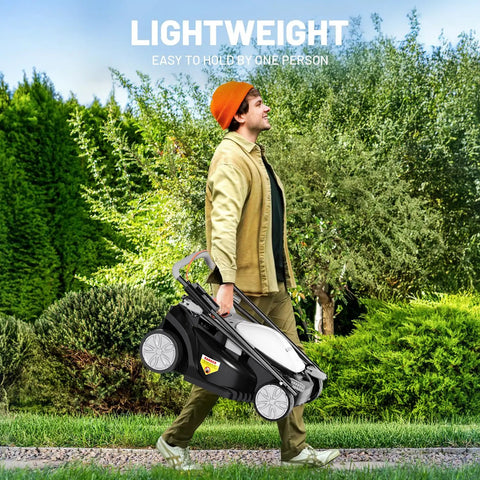 Person carrying Cordless Electric Lawn Mower For Medium Lawns Up To 1300 Sq Ft With 13.2 Inch Cutting Width, 8 Gallon Grass Bag
