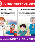 Illustration of Marie Curie and Albert Einstein as kids with science kits and STEM gifts.