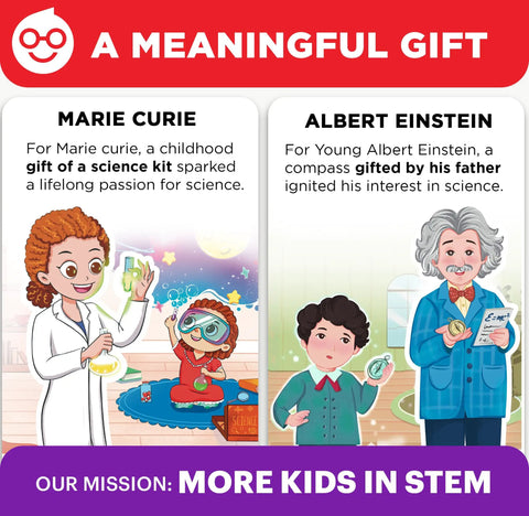 Illustration of Marie Curie and Albert Einstein as kids with science kits and STEM gifts.