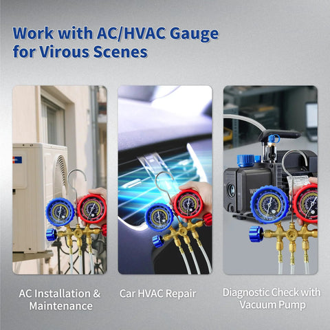 WISSCOOL 1/4-inch refrigerant charging hoses with blue and red gauges, 60-inch length, set of 3