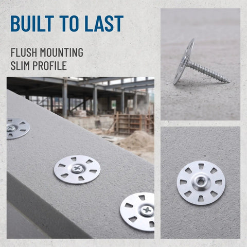 Heavy Duty Metal Washers For Foam Board Insulation Kit With Screws 1.4 Inch Diameter Silver That Help Prevent Cracking And Wall Stress In Partition Installations With Load Spreading Foam Panel Washers For A Tight Secure Fix Built To Last. flush mounting silver washer with screw on foam board insulation
