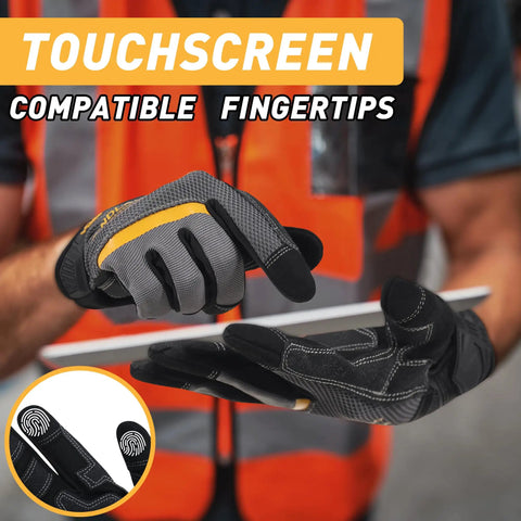Person wearing Durable Work Gloves For Men And Women With Touch Screen Ready Fingertips PVC And Synthetic Leather Palm