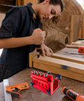 Adjustable Pocket Hole Jig And Precision Woodworking Guide Crafted From Heavy Duty Aluminum Alloy for drilling into wooden planks.