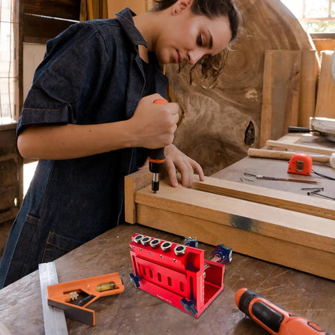 Adjustable Pocket Hole Jig And Precision Woodworking Guide Crafted From Heavy Duty Aluminum Alloy for drilling into wooden planks.