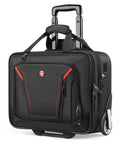 Rolling laptop bag, black fabric with red trim, wheels and telescoping handle