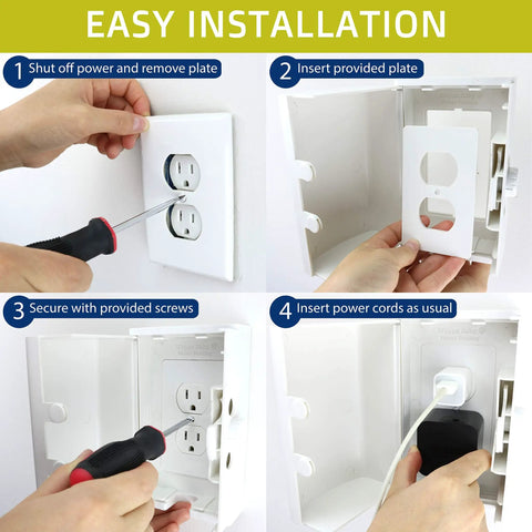Easy installation guide for Dual Lock Outlet Cover Box for Baby Proofing 1 Pack with screwdriver, plate, and power cords.