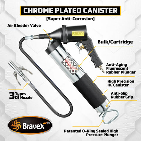 Heavy Duty 6000 PSI Pneumatic Grease Gun With Automatic Operation Quick Release Coupler Continuous Cycle 18 Inch Flex Hose