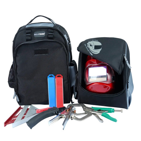 Heavy Duty Welding Backpack For Tools And Helmet, Detachable Helmet Compartment, shown with tools and helmet, military grade fabric.