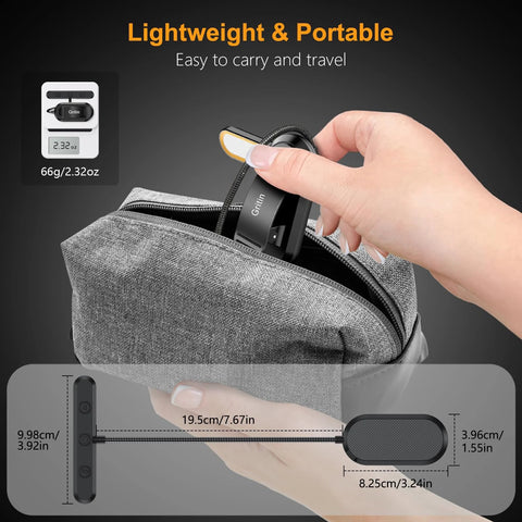 Gritin clip-on book light with flexible gooseneck, black body clipped to a gray fabric bag