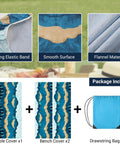 All In One Picnic Table Cover Set With Bench Covers For 6 Foot Tables And 72 Inch Benches Elastic Edges And Drawstring Storage Bag Fits 72 X 30 Inch Tables Blue Green Outdoor Camping Essentials showing strong elastic band, smooth surface, flannel material, table and bench covers, and storage bag