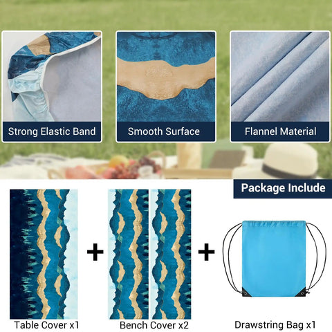 All In One Picnic Table Cover Set With Bench Covers For 6 Foot Tables And 72 Inch Benches Elastic Edges And Drawstring Storage Bag Fits 72 X 30 Inch Tables Blue Green Outdoor Camping Essentials showing strong elastic band, smooth surface, flannel material, table and bench covers, and storage bag