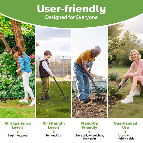 Heavy Duty Workhorse 2 In 1 Garden Hoe For Weeding And Cultivating With A Sharp 4 Tine Cultivator And Stirrup Hoe 76 Inch Long Handle Lightweight Yet Durable Weeding Rake For Grass Beds And Soil Aeration, all ages using one-handed garden tool