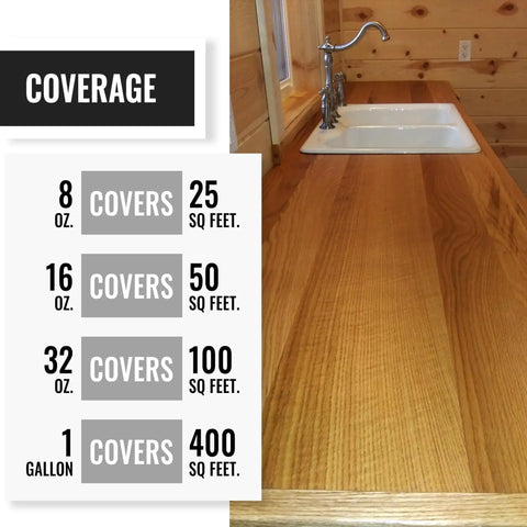 Coverage chart for Hemp Wood Oil Finish For Cutting Boards, Butcher Blocks, Countertops And Wooden Utensils, Food Grade, 1 Gallon