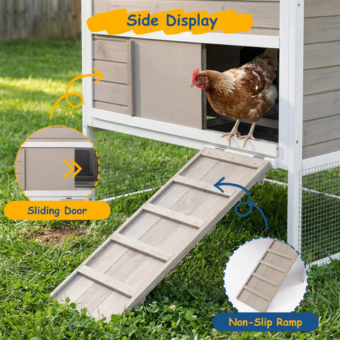 Outdoor Chicken Coop For 2-4 Chickens, Elevated 2-Tier Hen House with Non-Slip Ramp and Sliding Door, Side View Display