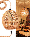 Handcrafted Rattan Pendant Light With Extended Plug In Cord And Simple Toggle Switch, 7.88 inch egg shade, boho style, perfect for cozy living spaces.