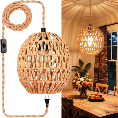 Handcrafted Rattan Pendant Light With Extended Plug In Cord And Simple Toggle Switch, 7.88 inch egg shade, boho style, perfect for cozy living spaces.