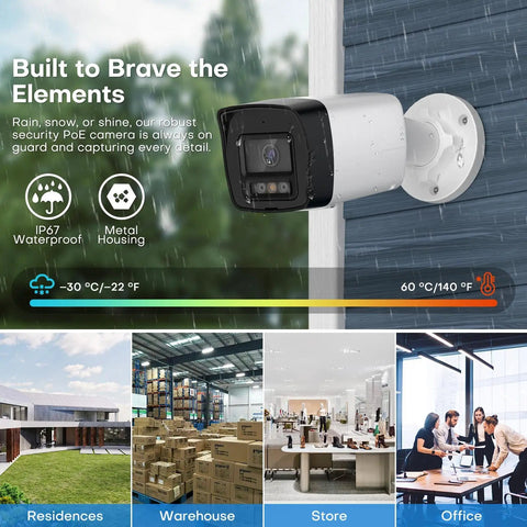 4MP Mini Bullet PoE IP Camera Outdoor with Strobe Light and Audible Alarm mounted on a wall for weatherproof security.