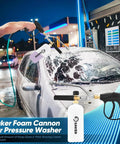 Man using Foam Cannon Dual Connector Accessory For Pressure Washer Kit With Dual Connector And Adjustable Nozzles For Quick Easy Car Wash And Shine High Pressure Washer Gun Includes 5 Sprayer Nozzles on car
