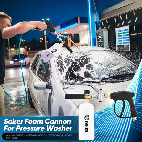 Man using Foam Cannon Dual Connector Accessory For Pressure Washer Kit With Dual Connector And Adjustable Nozzles For Quick Easy Car Wash And Shine High Pressure Washer Gun Includes 5 Sprayer Nozzles on car