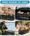 Heavy Duty Trunk Organizer With Waterproof 1680D Oxford Fabric Collapsible Storage System With Foldable Cover Reflective Strip Four Mesh Pockets Must Have For SUV Truck Sedan Road Trips And Camping showcasing versatility for organizing items like toys, groceries, and camping gear.