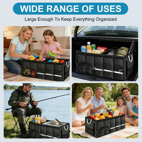 Heavy Duty Trunk Organizer With Waterproof 1680D Oxford Fabric Collapsible Storage System With Foldable Cover Reflective Strip Four Mesh Pockets Must Have For SUV Truck Sedan Road Trips And Camping showcasing versatility for organizing items like toys, groceries, and camping gear.
