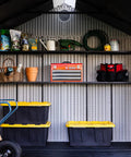 Interior view of 10x8 Ft Gray Resin Outdoor Storage Shed With Dual Entry Doors Weather Resistant Tool Shed Steel Reinforced Walls High Pitched Roof