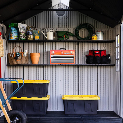 Interior view of 10x8 Ft Gray Resin Outdoor Storage Shed With Dual Entry Doors Weather Resistant Tool Shed Steel Reinforced Walls High Pitched Roof