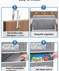 Heavy Duty Over The Door Storage Organizer With Five Tier Shelves for Bedroom Pantry Bathroom, installation steps with clips and items.