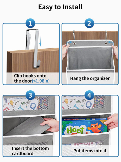 Heavy Duty Over The Door Storage Organizer With Five Tier Shelves for Bedroom Pantry Bathroom, installation steps with clips and items.
