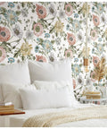 Bedroom with vintage poppy pink peel and stick wallpaper for walls easy removable no mess no residue easy peasy DIY install